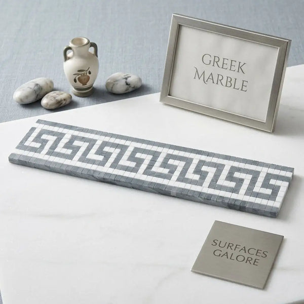 Gray and white greek key pattern mosaic tile runner in thassos white marble with blue-gray polished finish