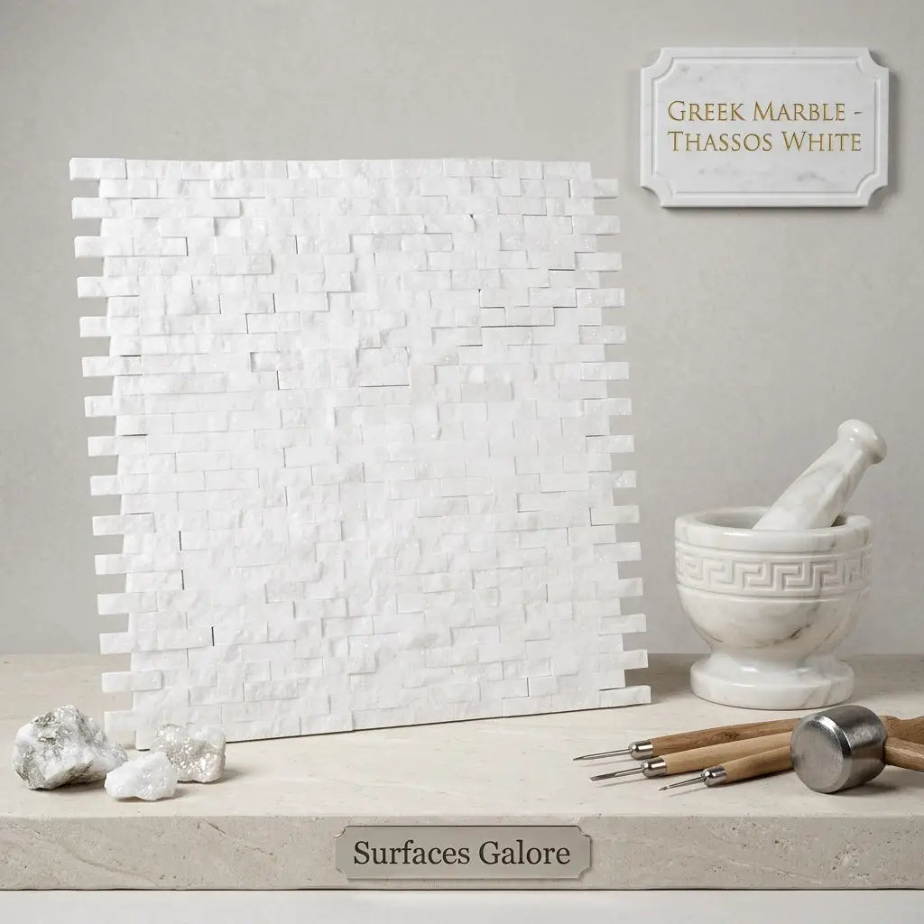 Thassos white 3/8x1 mini-brick mosaic marble split-faced tile panel with textured stacked stone pattern