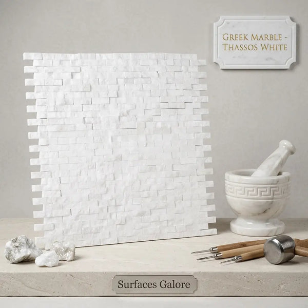 Thassos white 3/8x1 mini-brick mosaic marble split-faced tile panel with textured stacked stone pattern