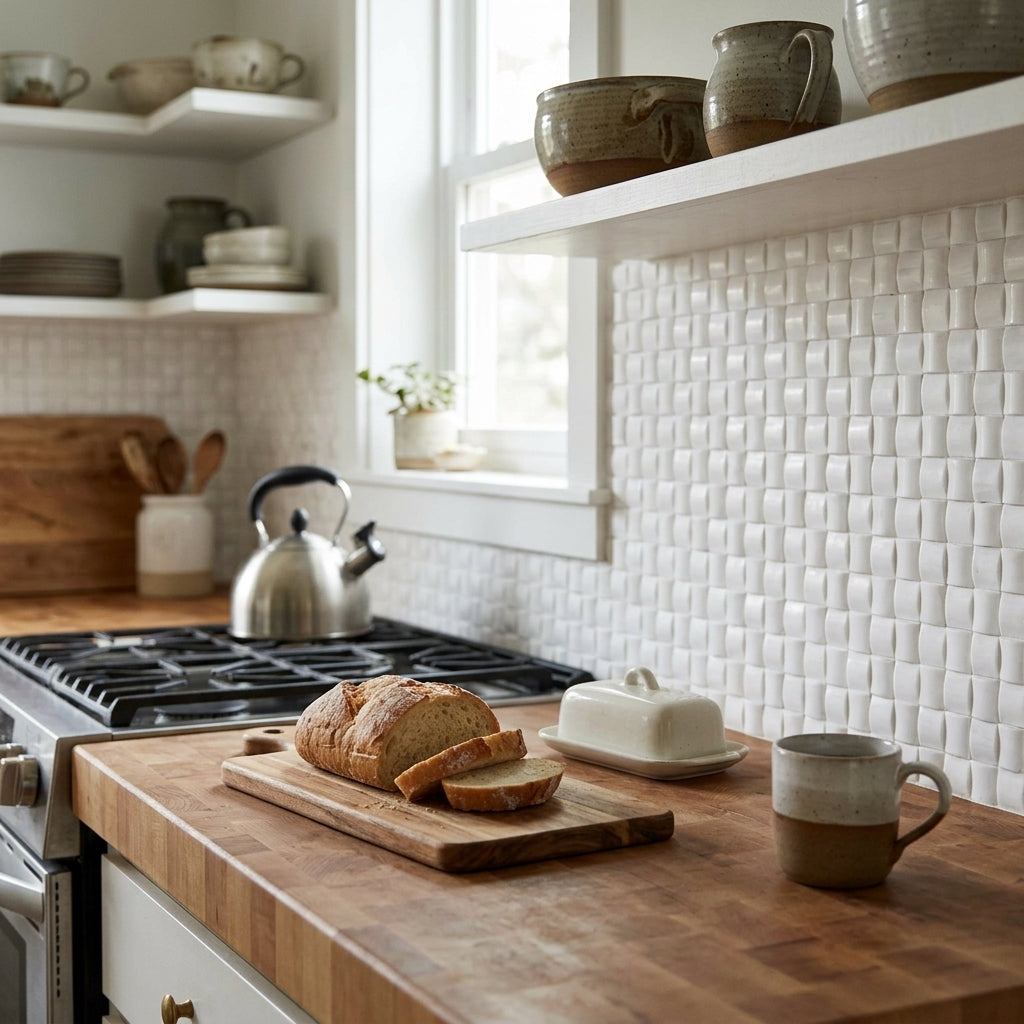 A rustic wooden cutting board with artisan bread on thassos white 3-d small-bread mosaic marble polished surface