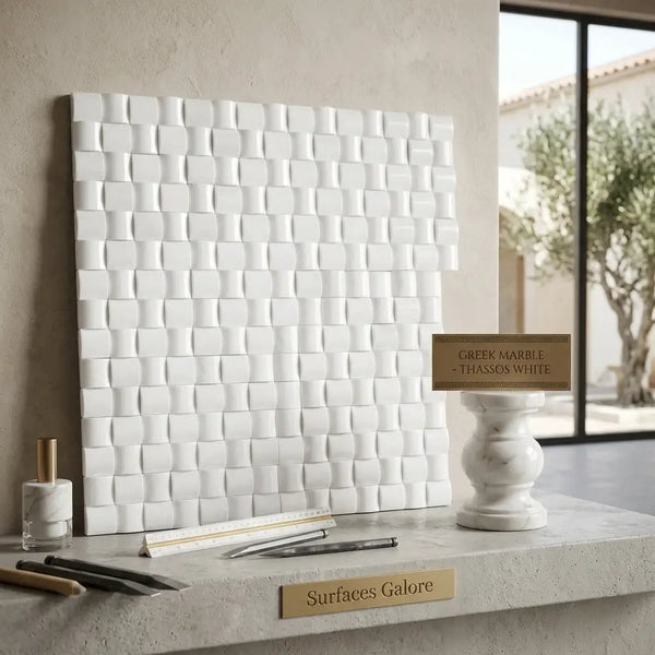 Thassos white 3-D small-bread mosaic marble tile panel with a woven three-dimensional basketweave pattern in polished or honed finish