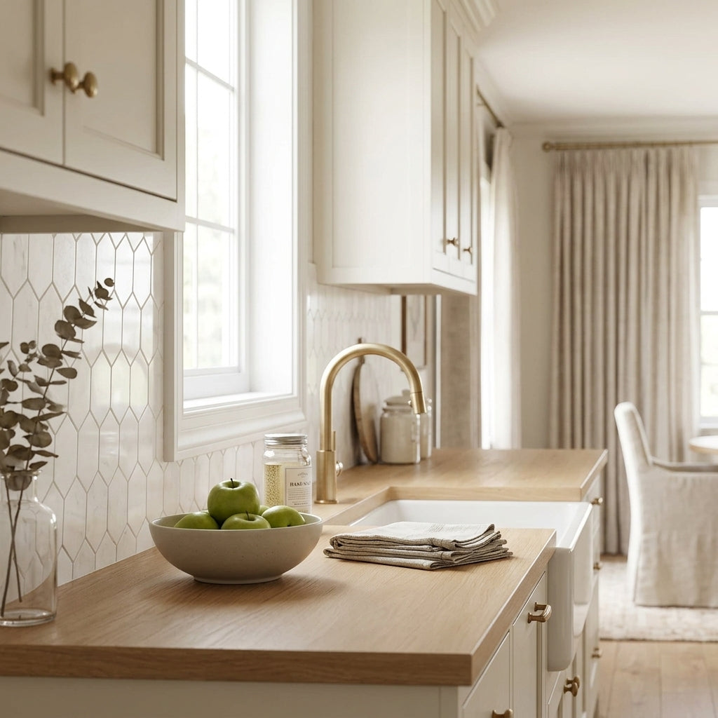 A white ceramic bowl with green apples on a light wood countertop next to thassos white 3 inch hexagon mosaic marble tiles