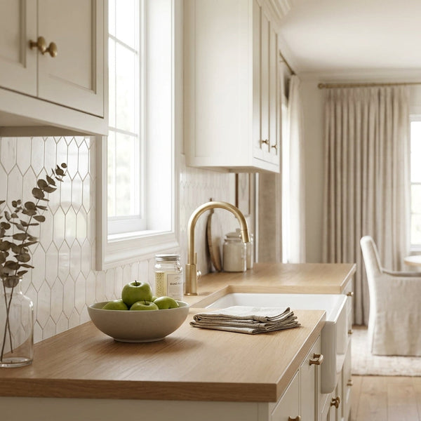 A white ceramic bowl with green apples on a light wood countertop next to thassos white 3 inch hexagon mosaic marble tiles