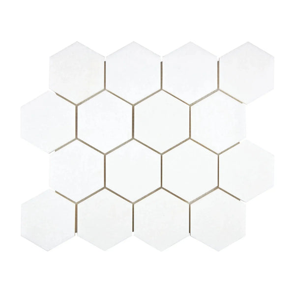 Thassos White 3 Inch Hexagon Mosaic Marble Polished or Honed Tile Display Image
