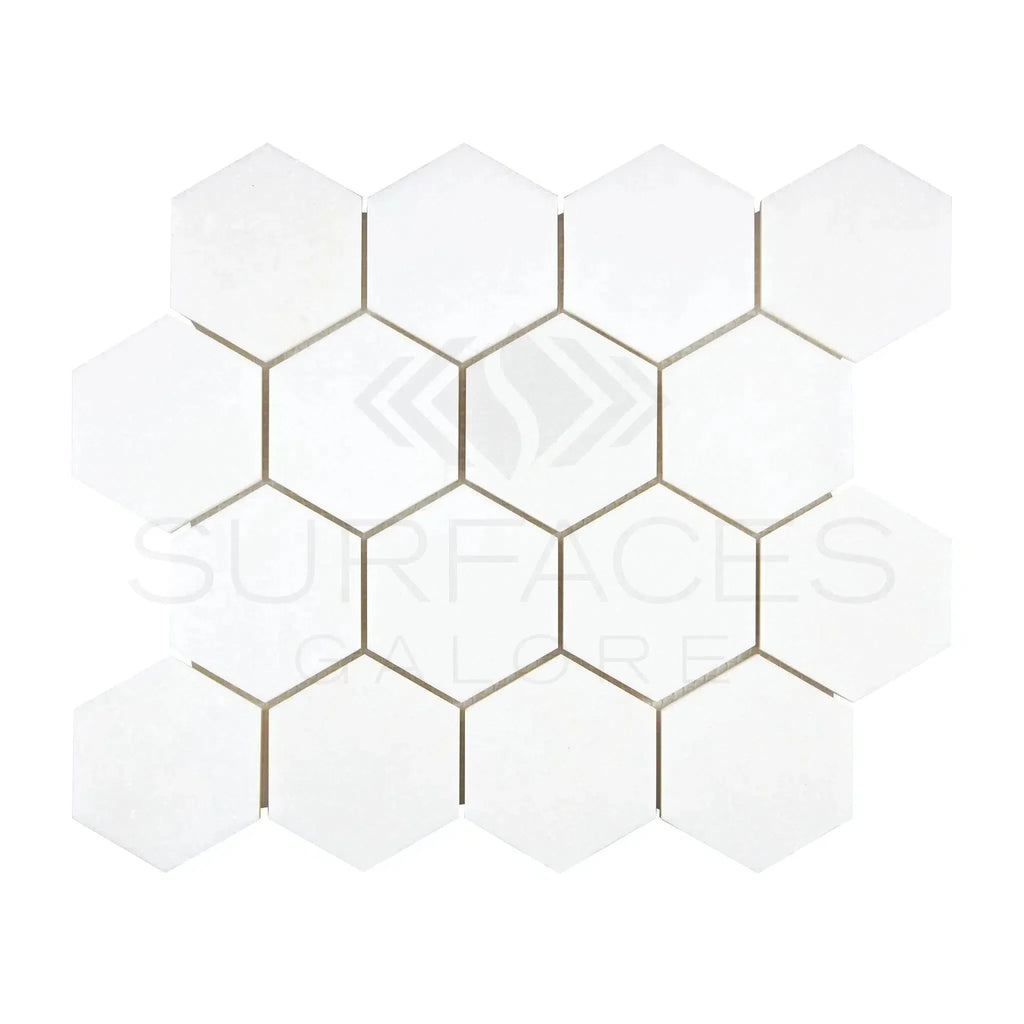 Thassos White 3 Inch Hexagon Mosaic Marble Polished or Honed Tile Display