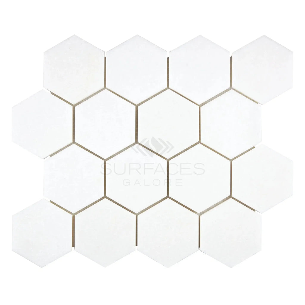 Thassos White 3 Inch Hexagon Mosaic Marble Polished or Honed Tile Display Image