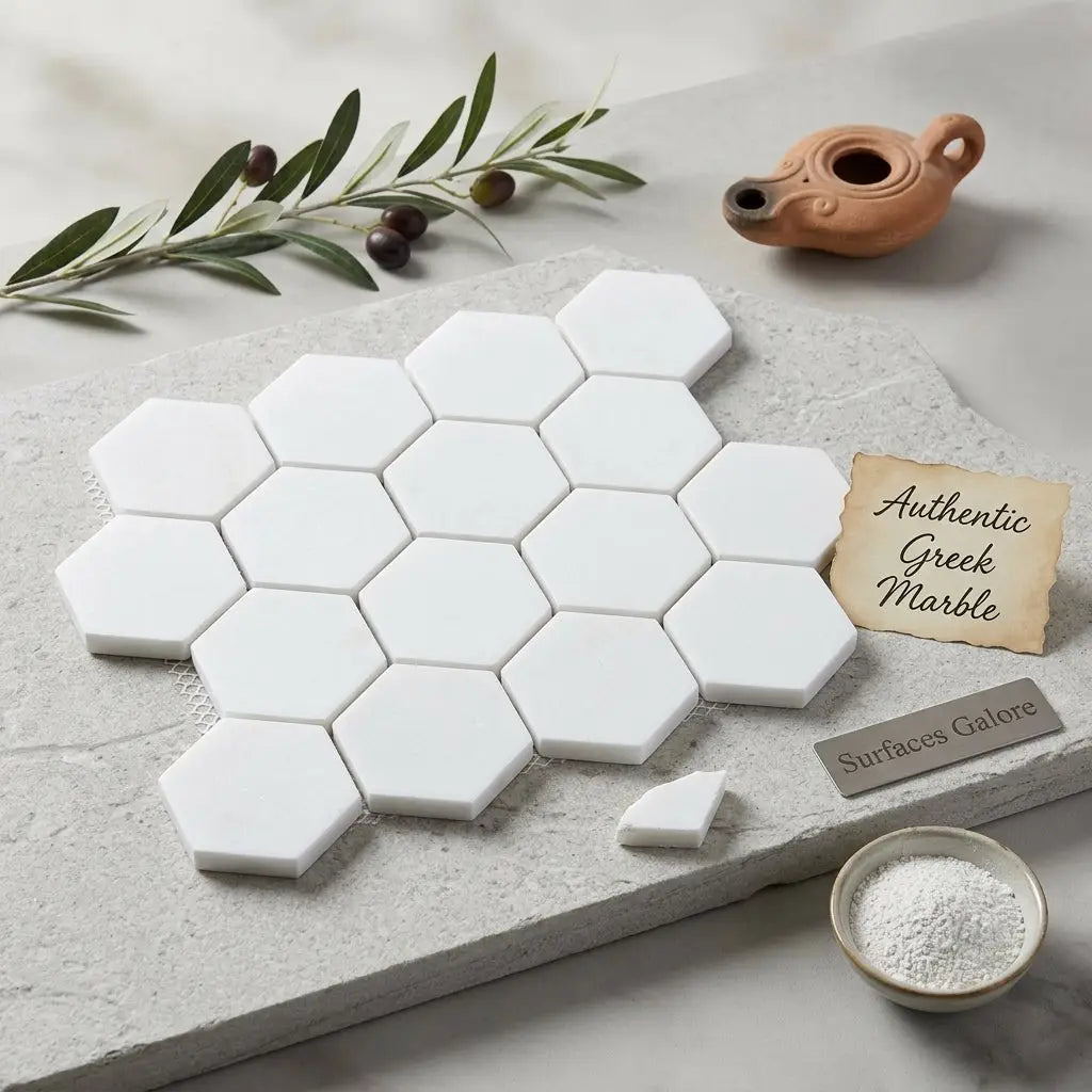 White hexagon mosaic marble polished or honed tiles made of authentic greek thassos marble arranged in honeycomb pattern