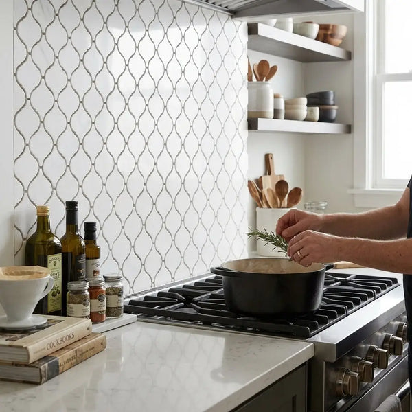 Black enameled cast iron dutch oven displayed on thassos white 3 inch arabesque mosaic marble polished tile surface
