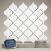 Thassos white 3 inch lantern mosaic tile with white greek key pattern and metallic silver grout lines polished marble