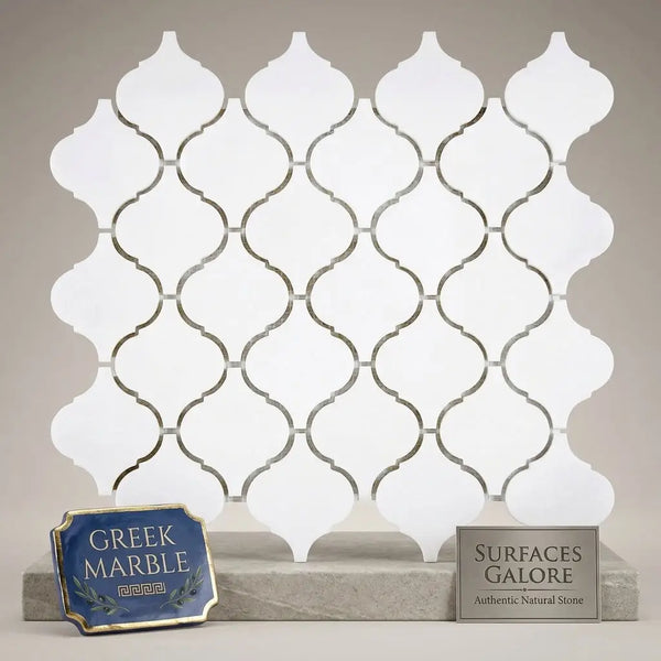 Thassos white 3 inch lantern mosaic tile with white greek key pattern and metallic silver grout lines polished marble