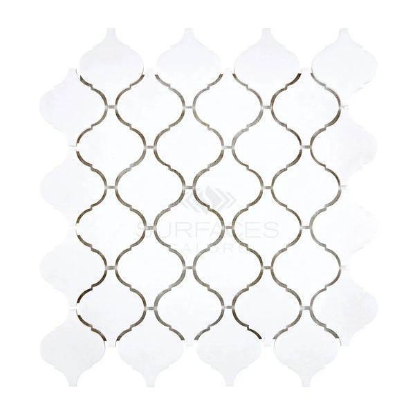 Thassos White 3 inch Lantern Mosaic in elegant arabesque design showcases polished marble