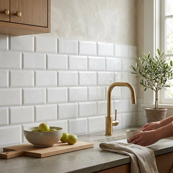 Thassos White 3x6 deep-beveled polished-honed marble subway tile backsplash in white for interior wall use