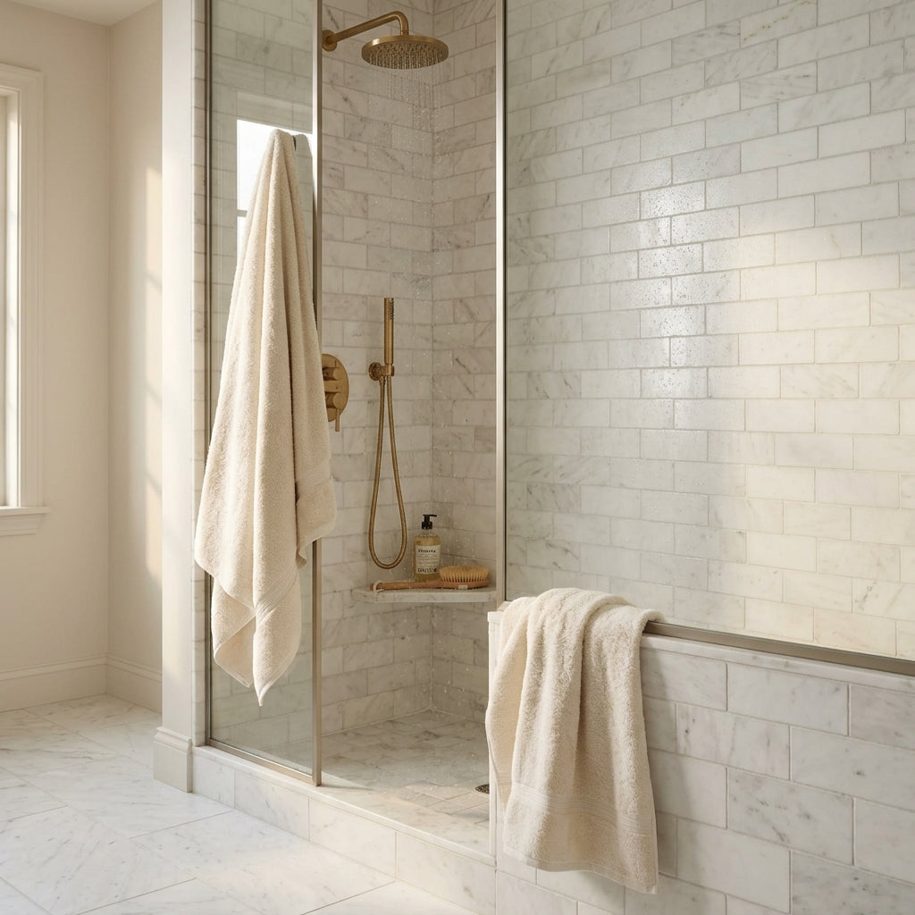 Cream-colored plush towel hanging on glass shower door beside thassos white 3x6 marble tumbled tile wall