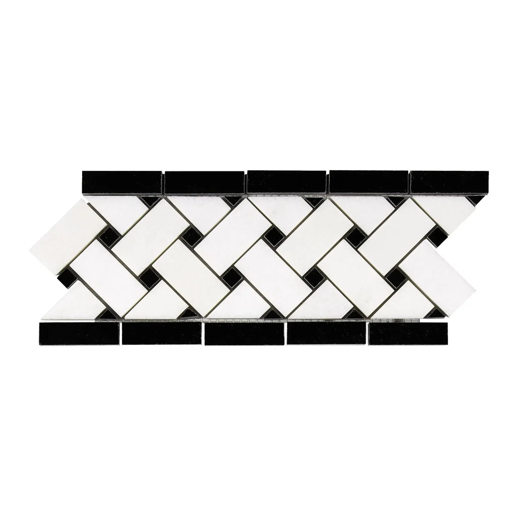 Black and white mosaic tile border of Thassos White 4 3/4X12 Basketweave Marble