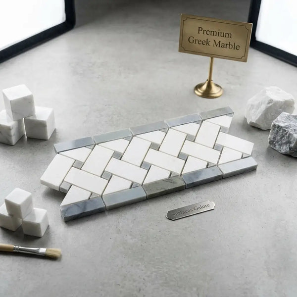 Thassos white 4 3/4x12 basketweave border marble tile in polished or honed finish with white gray herringbone pattern