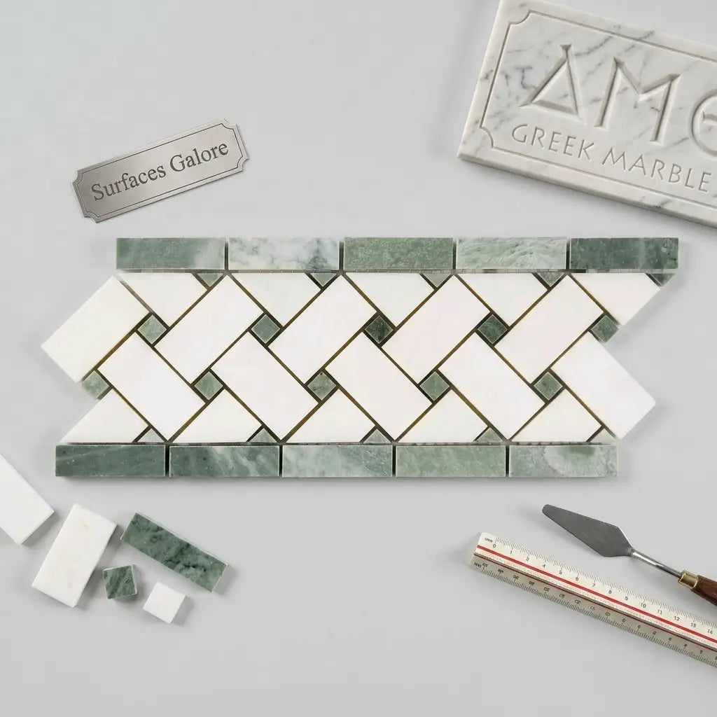 A sleek Thassos white and ming-green marble mosaic tile with a polished herringbone basketweave border pattern