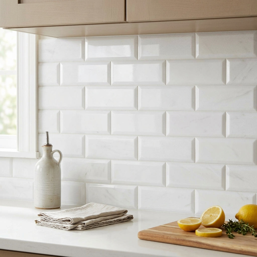 Thassos white 4x12 deep-beveled marble polished-honed subway tile backsplash with subtle white veining pattern