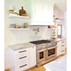 Elegant White Kitchen featuring Thassos White Marble and Stainless Steel Stove