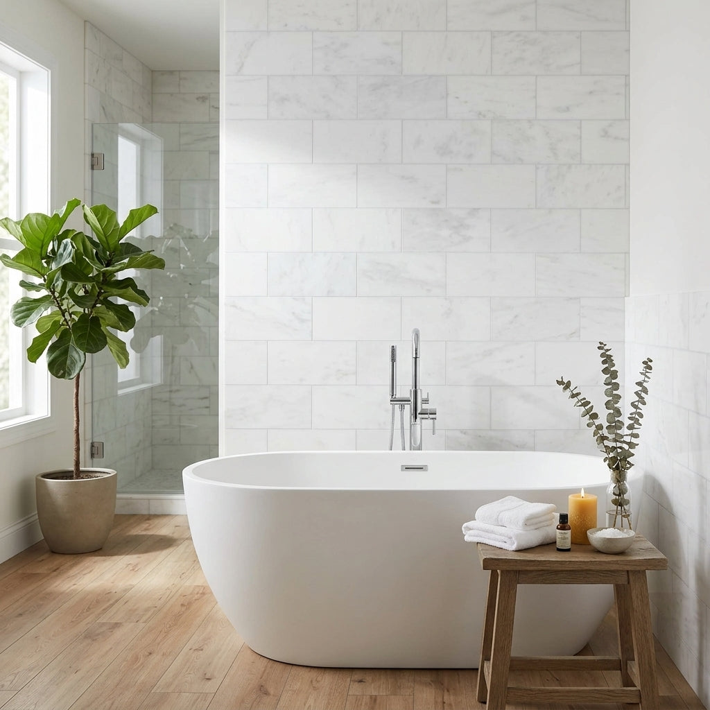 White freestanding bathtub with smooth glossy finish featuring thassos white 4x12 marble polished or honed tiles