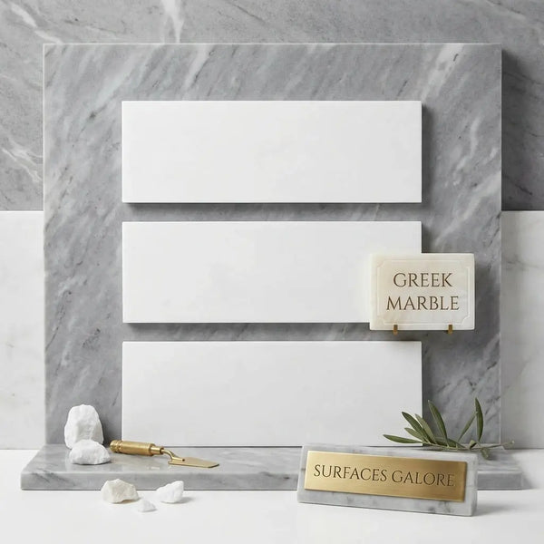 White rectangular thassos white 4x12 marble tiles with subtle gray veining on matching polished marble backdrop