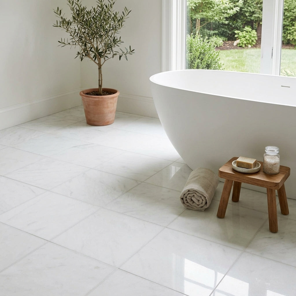 Thassos white 4x4 marble polished or honed floor tiles with white marble effect and subtle gray veining
