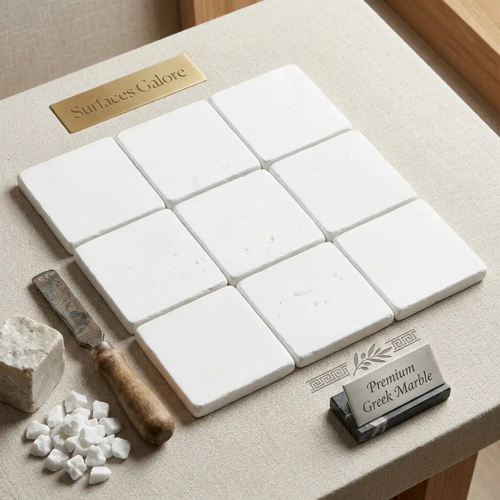 White square 4x4 marble tiles in premium thassos white greek marble arranged in a grid pattern
