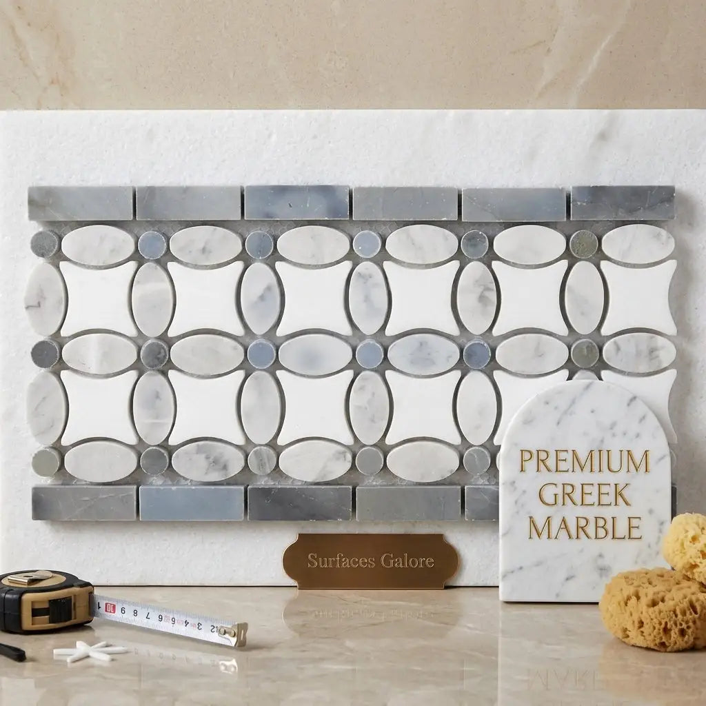 Thassos white 5 3/4x11 1/4 florida flower border featuring white and gray marble ovals with silver-gray accents