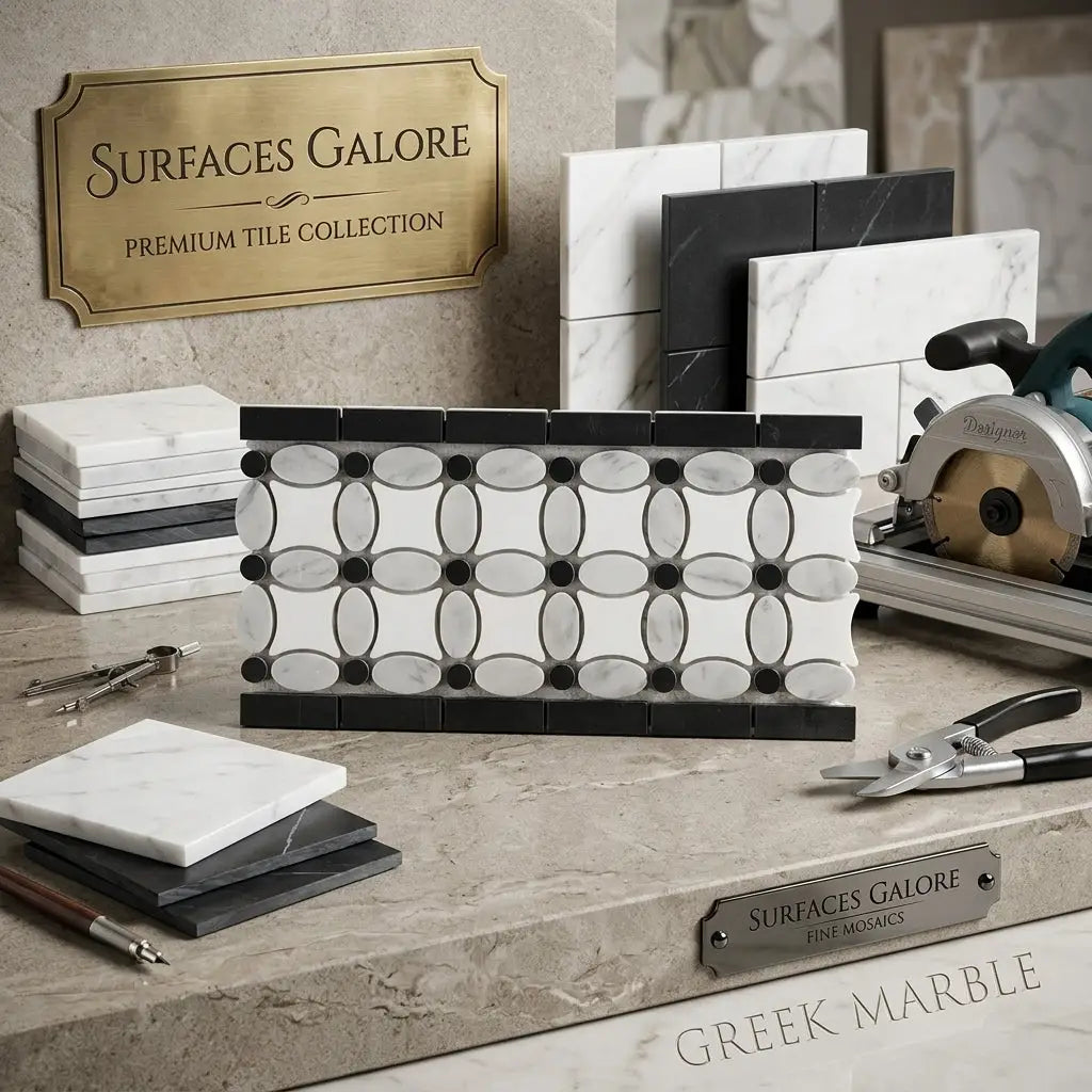 Thassos white marble mosaic tile with black dots and white carrara oval pieces in a polished flower border pattern