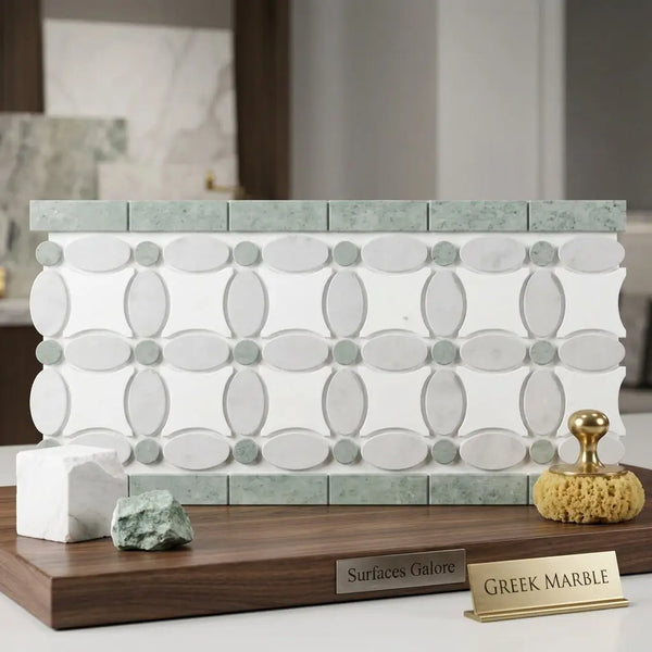 Thassos white marble mosaic tile panel with light green oval and circular patterns polished or honed finish