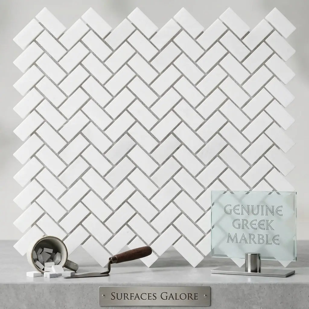 Thassos white 5/8x1 1/4 herringbone mini mosaic marble tile with polished or honed finish in white pattern