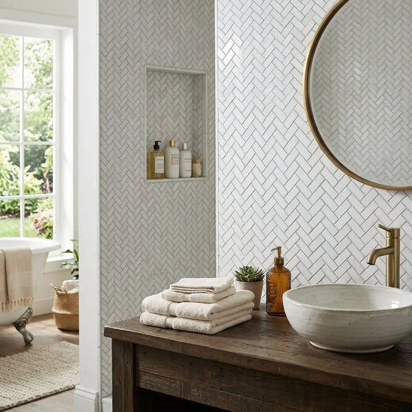 White herringbone patterned thassos white marble polished mosaic tile wall in 5/8x1 1/4 mini herringbone design