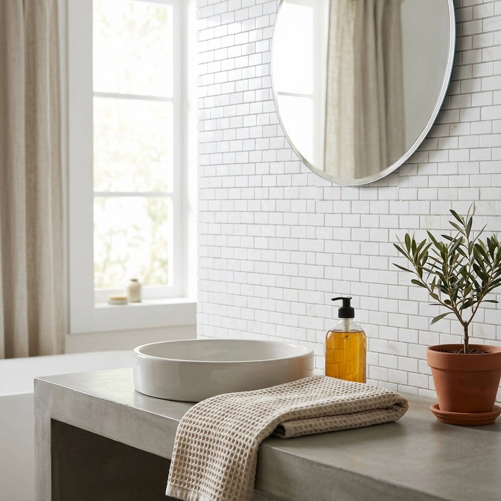 White ceramic vessel sink paired with thassos white 5/8x1 1/4 mini-brick mosaic marble polished or honed tiles