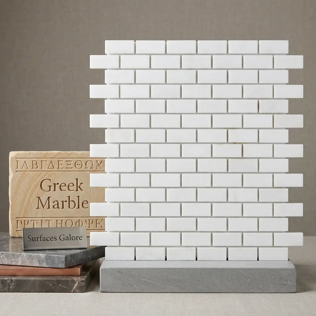 Thassos white 5/8x1 1/4 mini-brick mosaic marble polished white rectangular subway tiles in classic brick pattern