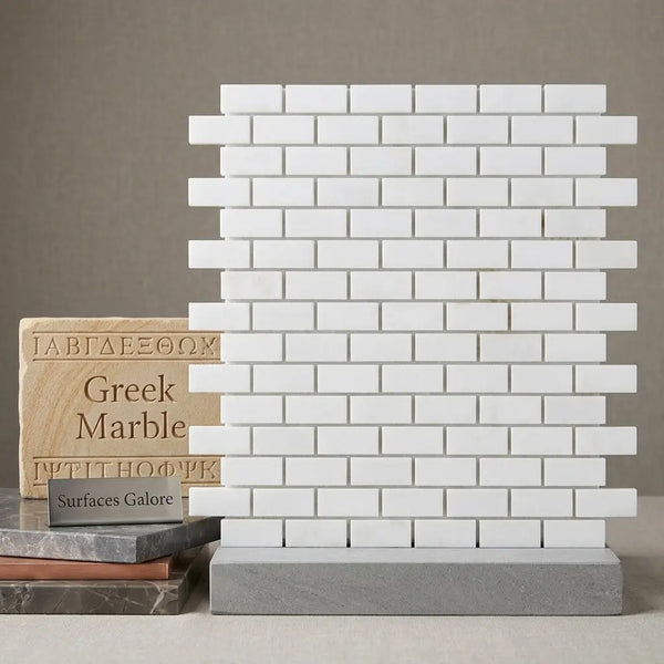 Thassos white 5/8x1 1/4 mini-brick mosaic marble polished white rectangular subway tiles in classic brick pattern