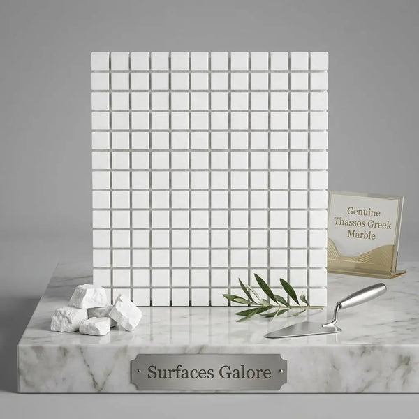 White mosaic tile panel made of genuine thassos greek marble with grid pattern subtle veining and polished edges