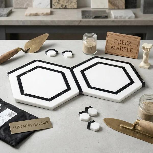 Thassos white 5 inch hexagon marble tiles with black mosaic border polished or honed finish