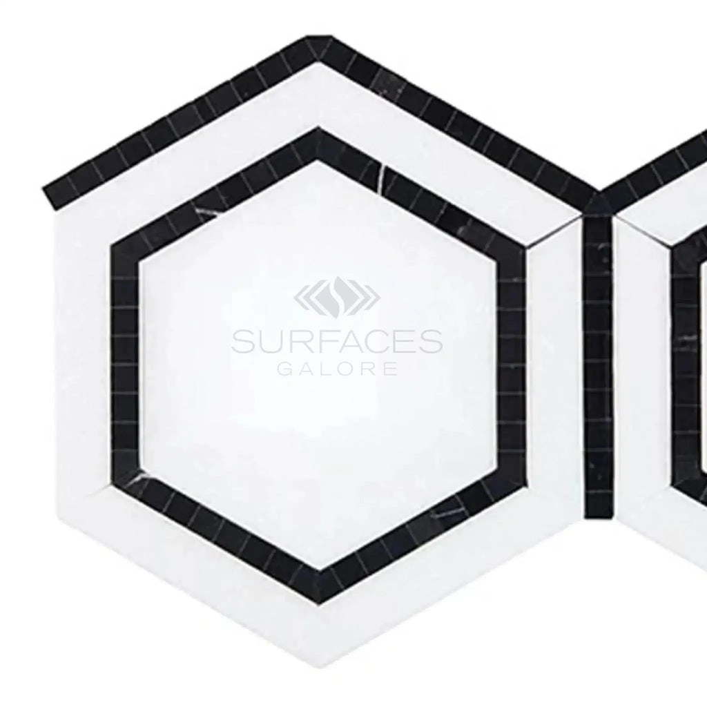 Thassos White 5 Inch Hexagon Mosaic Tile with Black Marble Polished or Honed Finish