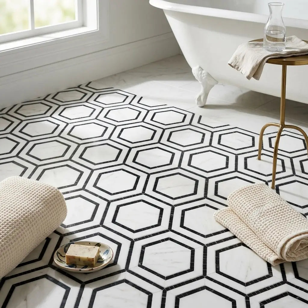 Thassos white 5 inch hexagon combination black mosaic marble polished floor tiles with a marble-like finish