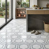 White and gray hexagonal marble floor tiles with polished thassos white blue-gray mosaic combination design