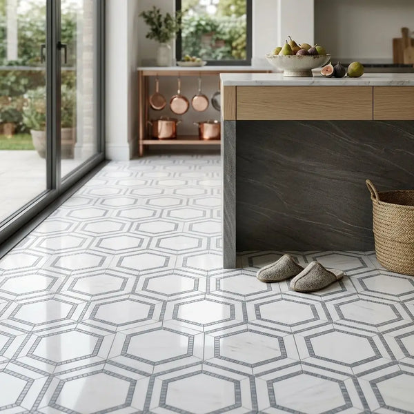 White and gray hexagonal marble floor tiles with polished thassos white blue-gray mosaic combination design