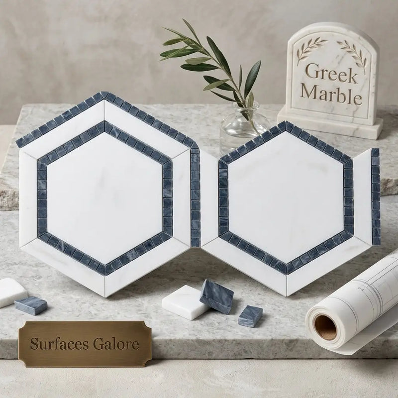 Thassos white 5 inch hexagon marble tiles with dark blue gray mosaic polished or honed border design