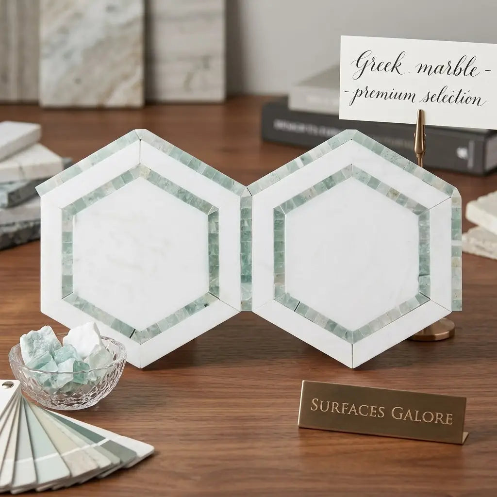 White and green marble hexagonal photo frame with sleek modern design from thassos white ming-green mosaic collection