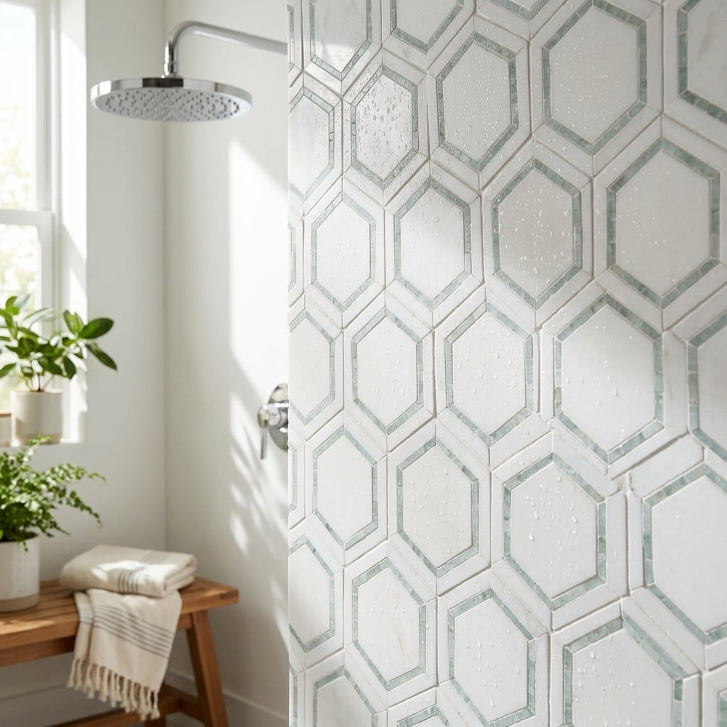 White hexagonal mosaic marble shower wall tile with silver gray grout lines from thassos white 5 inch hexagon combination