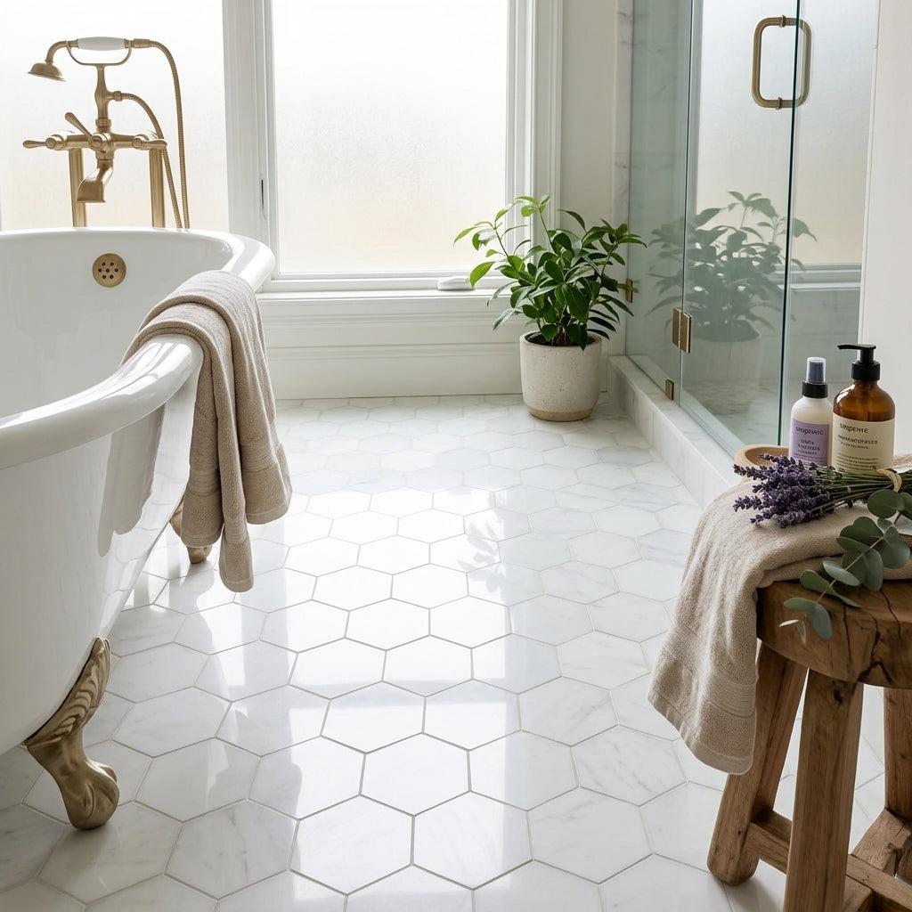 Thassos White 5 inch hexagon mosaic marble floor tiles in polished or honed finish with subtle gray veining