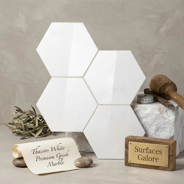 White hexagonal tiles of thassos white premium greek marble arranged in a geometric pattern for mosaic use