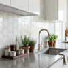 Modern stainless steel kitchen faucet with sleek curved spout and polished finish paired with Thassos white hexagon marble mosaic