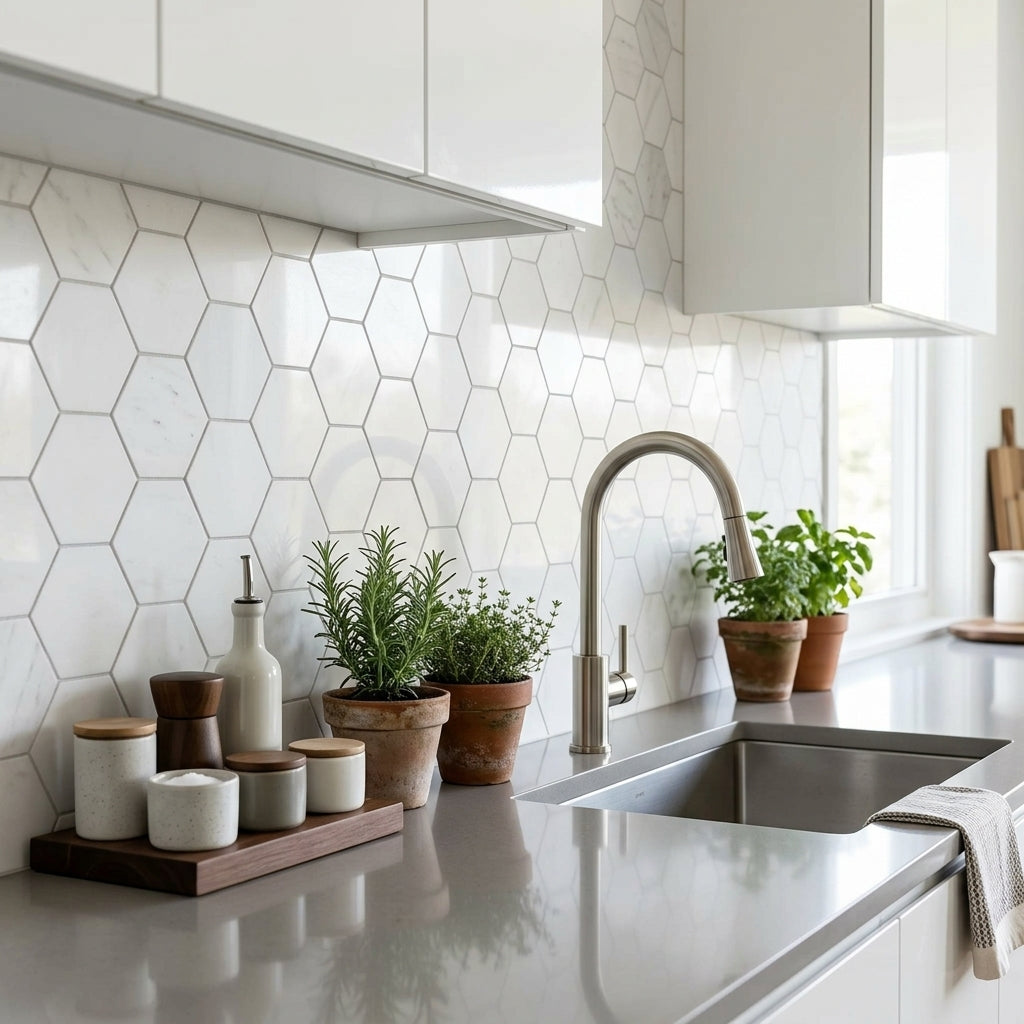 Modern stainless steel kitchen faucet with sleek curved spout and polished finish paired with Thassos white hexagon marble mosaic