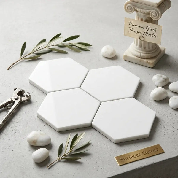 Thassos white 6 inch hexagon mosaic marble tile with polished smooth surface and subtle veining pattern