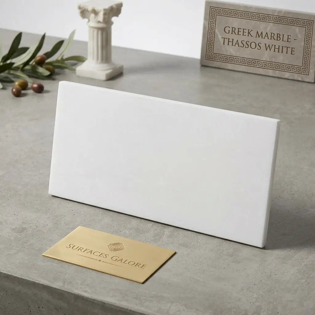 A sleek white thassos white 6x12 marble tile from surfaces galore polished or honed finish
