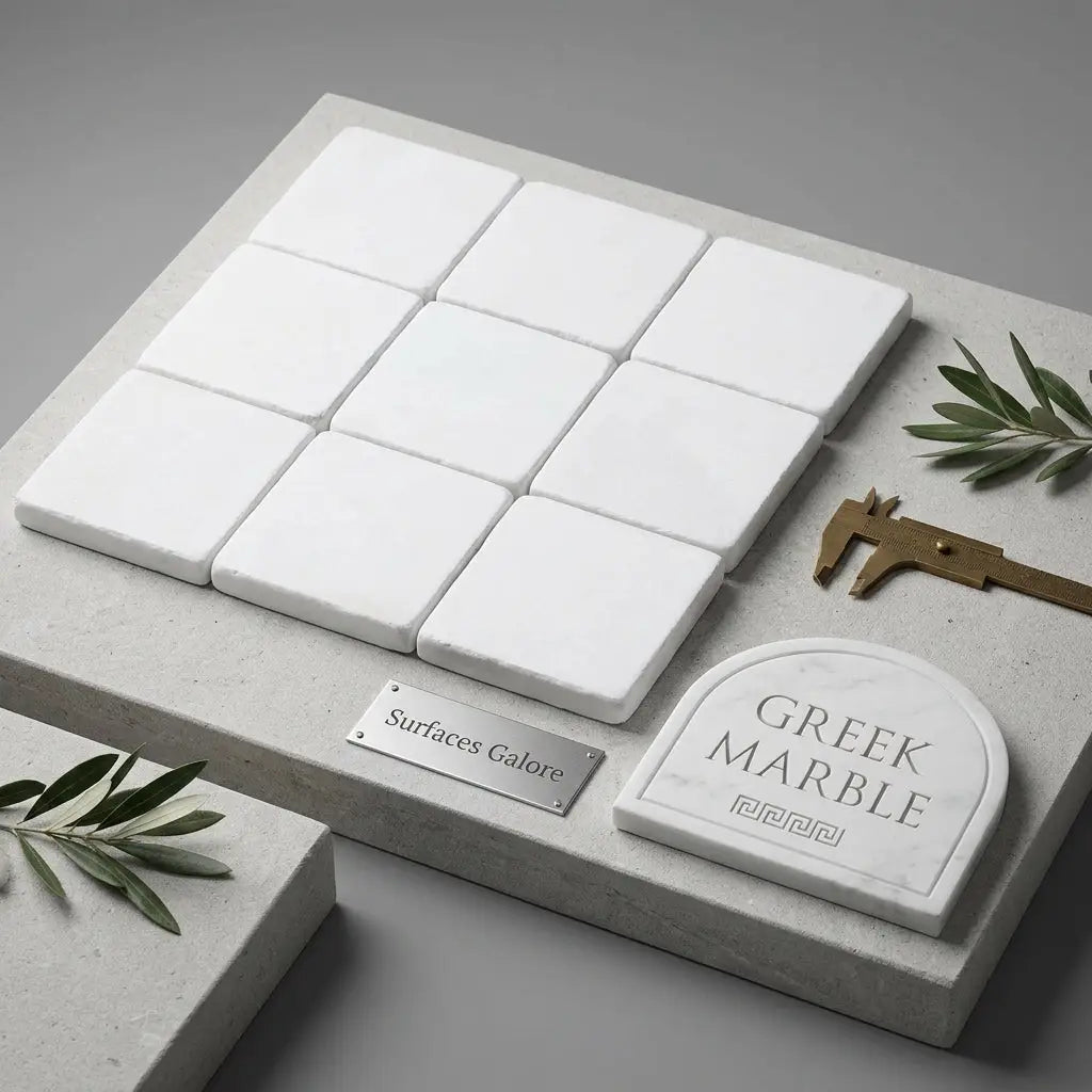 White greek marble 6x6 tumbled tiles arranged in a grid with engraved arch design and decorative text panel